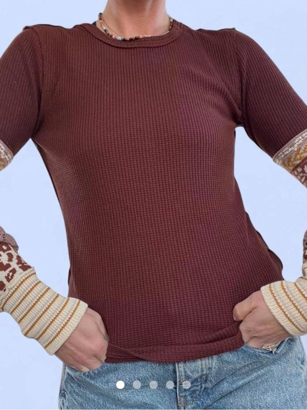 Free People - Brown & Burgundy Waffle Knit Long Sleeve Sweater